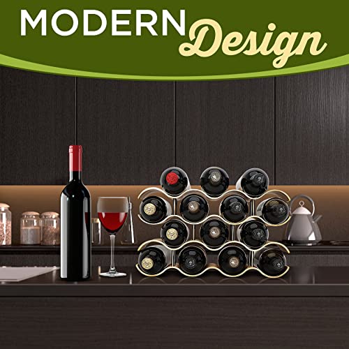 SereneLife Bamboo Wine Rack-4 Tier Countertop Shelf with Slots That Holds 14 Bottles, Unique Stackable Wooden Holder, Save Space for Cabinet, Kitchen and Pantry, Modern Contemporary Wave Design