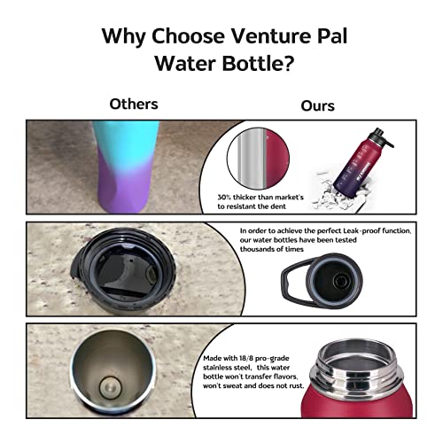 Venture Pal Insulated Water Bottle, 32oz Leak-Proof Vacuum Thermos with Strainer, Straw & Spout Lid for Sports