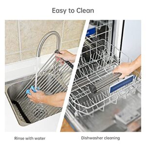 ARAINY Large Telescopic Drain Rack Roll Up Dishes Drying Rack Expandable Kitchen Sink Rack Over The Sink Dish Drying Rack SUS304 Stainless Steel Dish Rack (21.25''x12.79'')