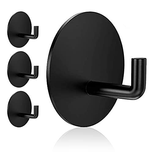 Adhesive Hooks Heavy Duty Waterproof in Shower Hooks for Hanging Loofah, Towels, Clothes, Robes for Bathroom Removable Adhesive Wall Hooks Door Hook Stainless Steel Black Stick on Hooks 4 Pcs