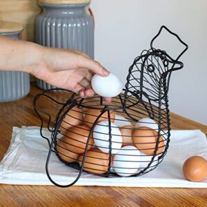 Rural365 Chicken Egg Basket - Chicken Shaped Decorative Black Metal Wire Basket Farm Style Kitchen Egg Collecting Basket