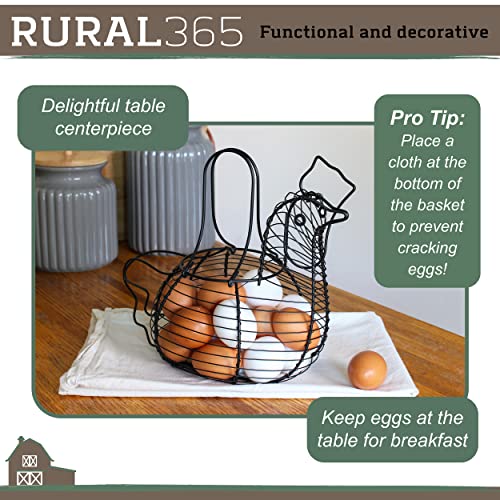 Rural365 Chicken Egg Basket - Chicken Shaped Decorative Black Metal Wire Basket Farm Style Kitchen Egg Collecting Basket