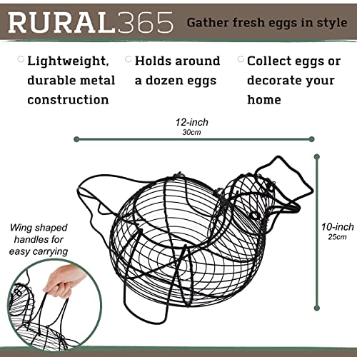 Rural365 Chicken Egg Basket - Chicken Shaped Decorative Black Metal Wire Basket Farm Style Kitchen Egg Collecting Basket