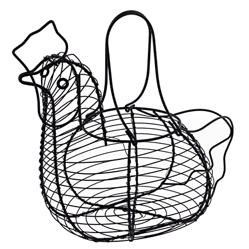 Rural365 Chicken Egg Basket - Chicken Shaped Decorative Black Metal Wire Basket Farm Style Kitchen Egg Collecting Basket