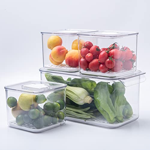 AZONEIN Clear Plastic Stackable Storage Boxes - 3 PCS Kitchen Fruit Freezer Storage Containers Fridge Organisers Bins With Valve And Removable Drain Board…