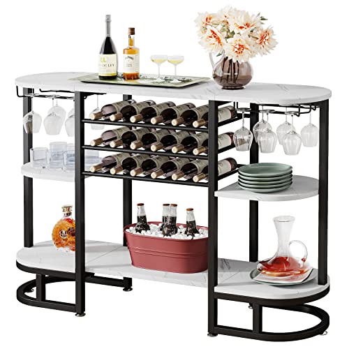 Tribesigns Wine Rack Table with Glass Holder, Wine Bar Cabinet with 18 Bottles Wine Storage, Liquor Cabinet with Wine Rack, Modern Wine Table for Buffet, Dinning Room, Living Room, Kitchen, White