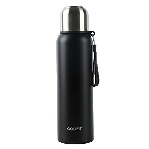 GOOFIT Insulated Thermos with Cup Outdoor Sports Stainless Steel Thermos Vacuum Sealed Coffee Bottle Travel Mug Thermos Flask BPA Free Keeps Cold 24H Hot 24H 27Oz Black