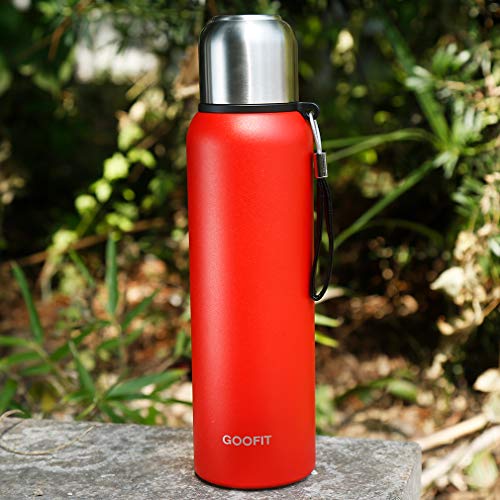 GOOFIT Insulated Thermos with Cup Outdoor Sports Stainless Steel Thermos Vacuum Sealed Coffee Bottle Travel Mug Thermos Flask BPA Free Keeps Cold 24H Hot 24H 27Oz Black