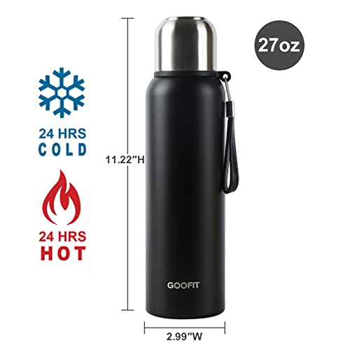 GOOFIT Insulated Thermos with Cup Outdoor Sports Stainless Steel Thermos Vacuum Sealed Coffee Bottle Travel Mug Thermos Flask BPA Free Keeps Cold 24H Hot 24H 27Oz Black