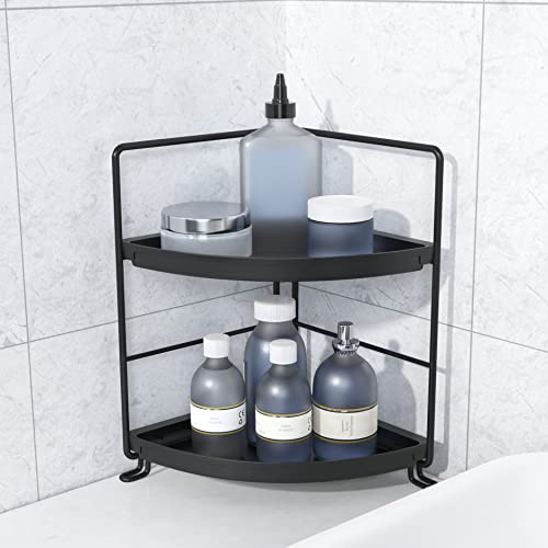 NLBTW 2 Tier Corner Bathroom Countertop Organizer, Stackable Storage Shelf for Vanity Makeup Perfume Shelf, Kitchen Spice Rack or Bedroom Small Object Storage Standing Counter (Black & Black)