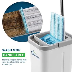 oshang Flat Floor Mop and Bucket Set OG3, Hands Free Home Floor Cleaning System, 60" Long Stainless-Steel Handle, 2 Washable & Reusable Microfiber Mop Heads, Perfect Home Wall Window Kitchen Cleaner