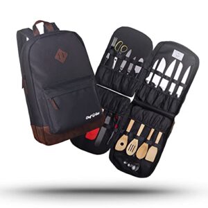 chef knife bag leather finish backpack | premium knife storage & chef backpack | knife case with 30+ pockets for knives & kitchen tools | knife organizer for chefs & culinary students (black)