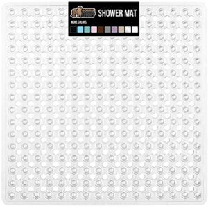 gorilla grip patented shower stall mat, 21×21, machine washable, square bathroom bath tub mats for stand up showers and small bathtubs, drain holes keep floor clean, suction cups, soft on feet, clear