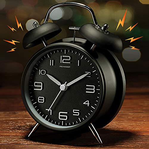 Peakeep 4 Inches Twin Bell Loud Alarm Clock for Heavy Sleepers, Backlight, Battery Operated Old Fashioned Alarm Clock for Bedrooms (Black)