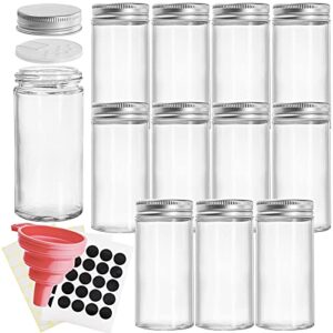 tebery 12 pack round spice bottles 3oz glass spice jars with silver metal lids, shaker tops, wide funnel and labels