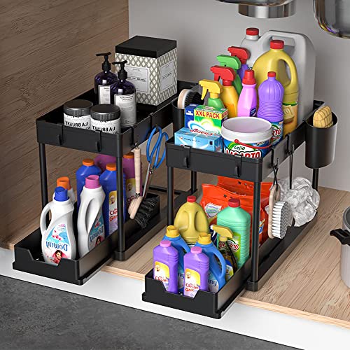 2 Packs Under Sink Organizers and Storage, 2 Tier Under Sink Sliding Cabinet Basket Organizer with 4 Hanging Cups and 8 Hooks, Multi-Purpose Storage Shelf for Bathroom Kitchen