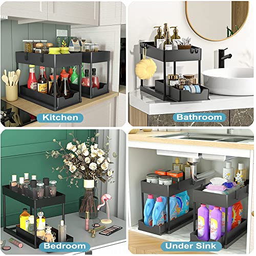 2 Packs Under Sink Organizers and Storage, 2 Tier Under Sink Sliding Cabinet Basket Organizer with 4 Hanging Cups and 8 Hooks, Multi-Purpose Storage Shelf for Bathroom Kitchen