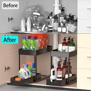 2 Packs Under Sink Organizers and Storage, 2 Tier Under Sink Sliding Cabinet Basket Organizer with 4 Hanging Cups and 8 Hooks, Multi-Purpose Storage Shelf for Bathroom Kitchen