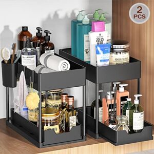 2 Packs Under Sink Organizers and Storage, 2 Tier Under Sink Sliding Cabinet Basket Organizer with 4 Hanging Cups and 8 Hooks, Multi-Purpose Storage Shelf for Bathroom Kitchen