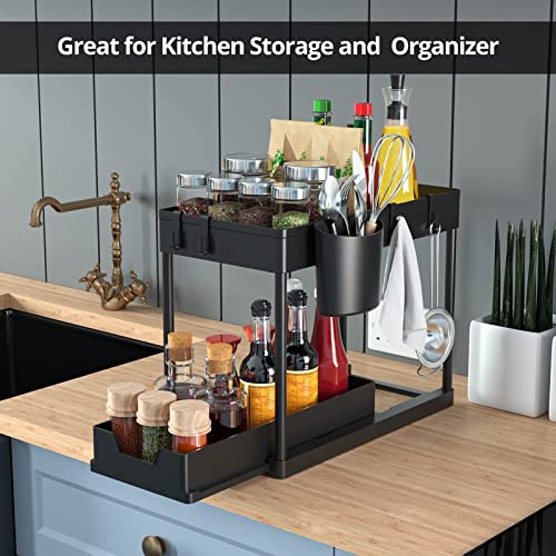 2 Packs Under Sink Organizers and Storage, 2 Tier Under Sink Sliding Cabinet Basket Organizer with 4 Hanging Cups and 8 Hooks, Multi-Purpose Storage Shelf for Bathroom Kitchen