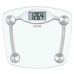 taylor precision products digital bathroom scale, highly accurate body weight scale, instant on and off, 400 lb, sturdy clear glass with chrome finish base
