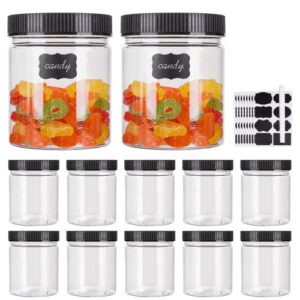 16oz plastic jars with lids, accguan airtight container for food storage, clear plastic jars ideal for dry food, peanut butter, honey and jam storage, set of 12