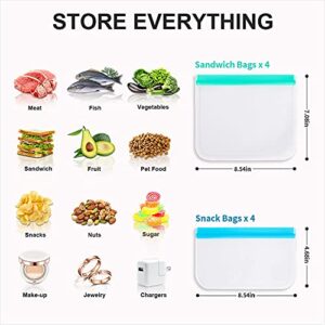 Reusable Food Storage Bags, 8 Pack Reusable Freezer Bags, 4 Leakproof Reusable Sandwich Bags, 4 Reusable Snack Bags, Silicone and Plastic Free Reusable Ziplock Bags for Veggies Fruit Meat Lunch