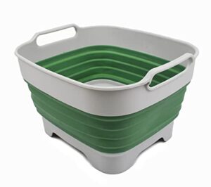 sammart 9l collapsible dishpan with draining plug – foldable washing basin – portable dish washing tub – space saving kitchen storage tray (grey/dark sea green, 1)