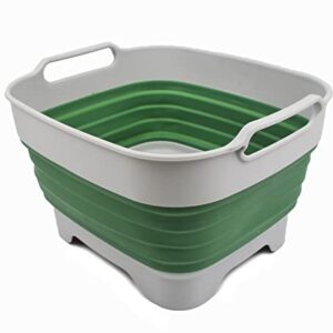 SAMMART 9L Collapsible Dishpan with Draining Plug - Foldable Washing Basin - Portable Dish Washing Tub - Space Saving Kitchen Storage Tray (Grey/Dark Sea Green, 1)