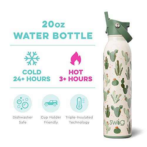 Swig Life 20oz Insulated Water Bottle with Straw & Flip + Sip Handle | Leak Proof, Dishwasher Safe, Cup Holder Friendly, Stainless Steel Water Bottle in Prickly Pear