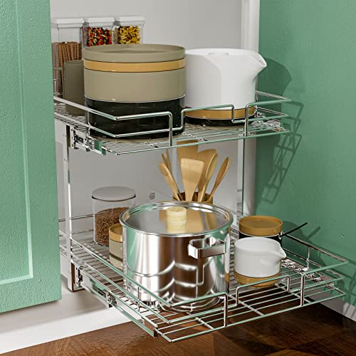 LOVMOR 2 Tier Individual Pull Out Cabinet Organizer 11" W x 21" D, Slide Out Kitchen Cabinet Storage Sliding Shelves