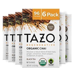 tazo tea bags, black tea, regenerative organic chai tea, 16 count (pack of 6)