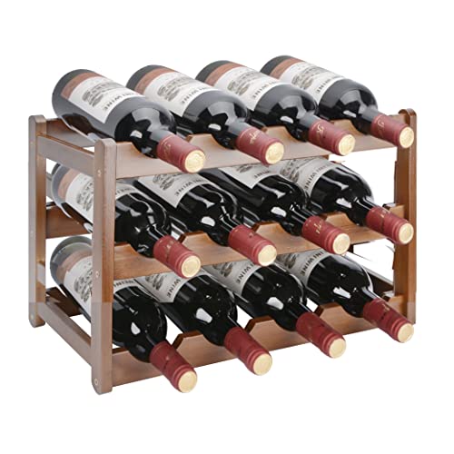 Bamboo Wine Rack, 3-Tier 12-Bottle Freestanding Display Wine Organizer Storage Shelf Table Top Countertop tle Cabinet Wine Holder for Kitchen Dining Living Room Bar Pantry Wine Cellar Basement