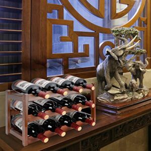 Bamboo Wine Rack, 3-Tier 12-Bottle Freestanding Display Wine Organizer Storage Shelf Table Top Countertop tle Cabinet Wine Holder for Kitchen Dining Living Room Bar Pantry Wine Cellar Basement