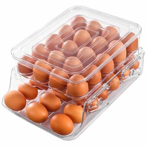 hnnjck egg holder for refrigerator, egg storage container for refrigerator, foldable kitchen & fridge fresh egg organizer bins, automatic rolling clear plastic egg tray with lid, 2 layer