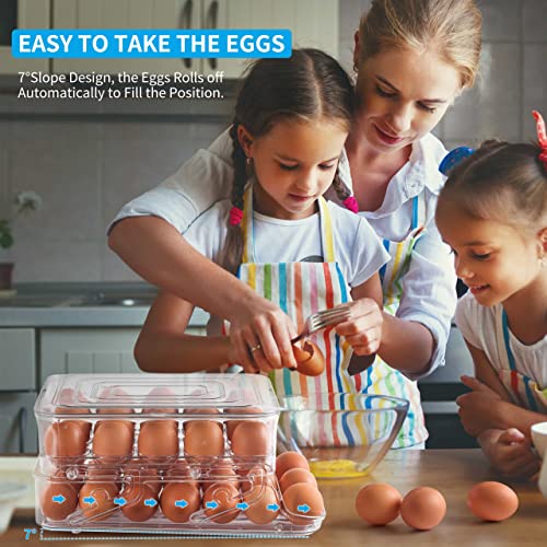 HNNJCK Egg Holder for Refrigerator, Egg Storage Container for Refrigerator, Foldable Kitchen & Fridge Fresh Egg Organizer Bins, Automatic Rolling Clear Plastic Egg Tray with Lid, 2 Layer