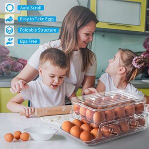 HNNJCK Egg Holder for Refrigerator, Egg Storage Container for Refrigerator, Foldable Kitchen & Fridge Fresh Egg Organizer Bins, Automatic Rolling Clear Plastic Egg Tray with Lid, 2 Layer