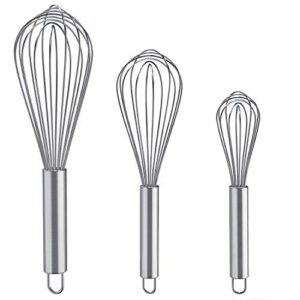 whisks for cooking, 3 pack stainless steel whisk for blending, whisking, beating and stirring, enhanced version balloon wire whisk set, 8″+10″+12″