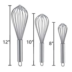 Whisks for Cooking, 3 Pack Stainless Steel Whisk for Blending, Whisking, Beating and Stirring, Enhanced Version Balloon Wire Whisk Set, 8"+10"+12"