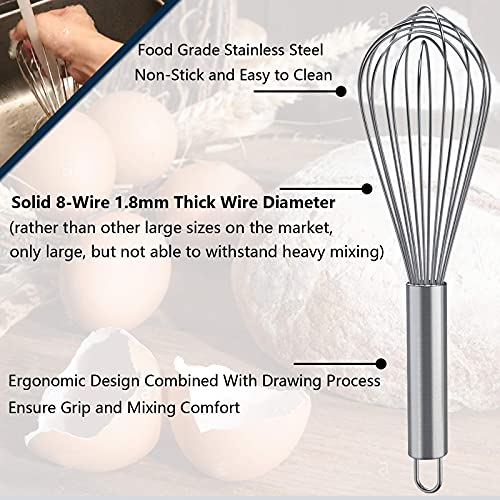 Whisks for Cooking, 3 Pack Stainless Steel Whisk for Blending, Whisking, Beating and Stirring, Enhanced Version Balloon Wire Whisk Set, 8"+10"+12"