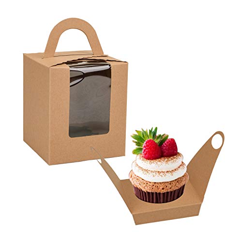 Jucoan 100 Pack Cupcake Box, Brown Kraft Paper Individual Cupcake Box Holder Container with Window and Handles, Bulk Bakery Pastry Wrapping Box for Muffin, Cupcake, Wedding Party, Baby Shower