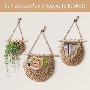 Hanging Fruit Basket, Handmade 3-Tier Jute Woven Wall Basket, BOHO Kitchen Wall Decor for Organizing, Storage Basket for Kitchen Living & Bathroom Bedroom