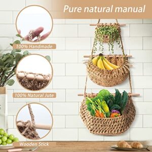 Hanging Fruit Basket, Handmade 3-Tier Jute Woven Wall Basket, BOHO Kitchen Wall Decor for Organizing, Storage Basket for Kitchen Living & Bathroom Bedroom