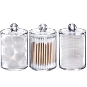 tbestmax 3 pack plastic cotton swab ball pad holder, 10 oz bathroom organizer, qtip apothecary jar clear container dispenser