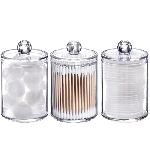 Tbestmax 3 Pack Plastic Cotton Swab Ball Pad Holder, 10 Oz Bathroom Organizer, Qtip Apothecary Jar Clear Container Dispenser