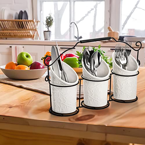 Nicunom Set of 3 Ceramic Flatware Caddy with Metal Rack, Embossed Design Kitchen Utensil Holder Silverware Organizer Cutlery Holder Kitchen Tool Crock for Countertop Decor and Organization