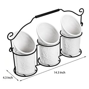 Nicunom Set of 3 Ceramic Flatware Caddy with Metal Rack, Embossed Design Kitchen Utensil Holder Silverware Organizer Cutlery Holder Kitchen Tool Crock for Countertop Decor and Organization