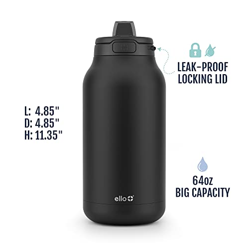 Ello Hydra Half Gallon Vacuum Insulated Stainless Steel Jug with Locking, Leak-Proof Lid and Soft Silicone Straw, Metal Reusable Water Bottle, Keeps Cold All Day, 64oz, Black