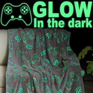 jekeno glow in the dark blanket game controller throw gamer gift toys for kids boys teen adults gaming decor for bedroom living room soft cozy fluffy luminous blanket grey 50″x60″