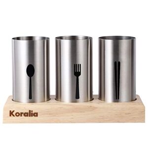 koralia home stainless steel flatware & silverware 3pc 4pc organizer organiser cutlery holder with wood base for spoons, forks, knives – ideal for kitchen, dining, and much more (3pcs)